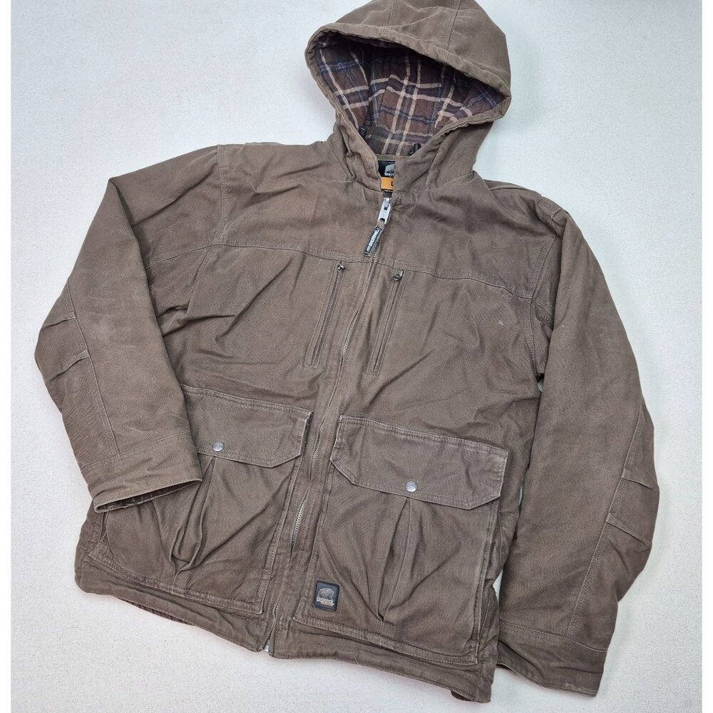 Berne Workwear Men's Hooded Brown Six Pocket Tool Chore Coat Work Jacket Sz L